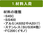 1.材料入荷　材料の種類 ・S45C・SS400・アルミ（A5052やA2017）・ステンレス（SUS304他）・FC200（イモノ）